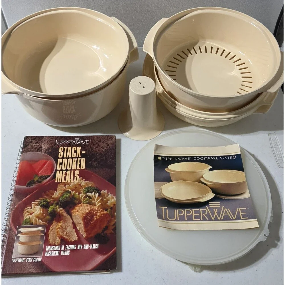 Tupperware Microwave Stack Cooker Almond 5-Piece, Steamer + Lids Cookbook